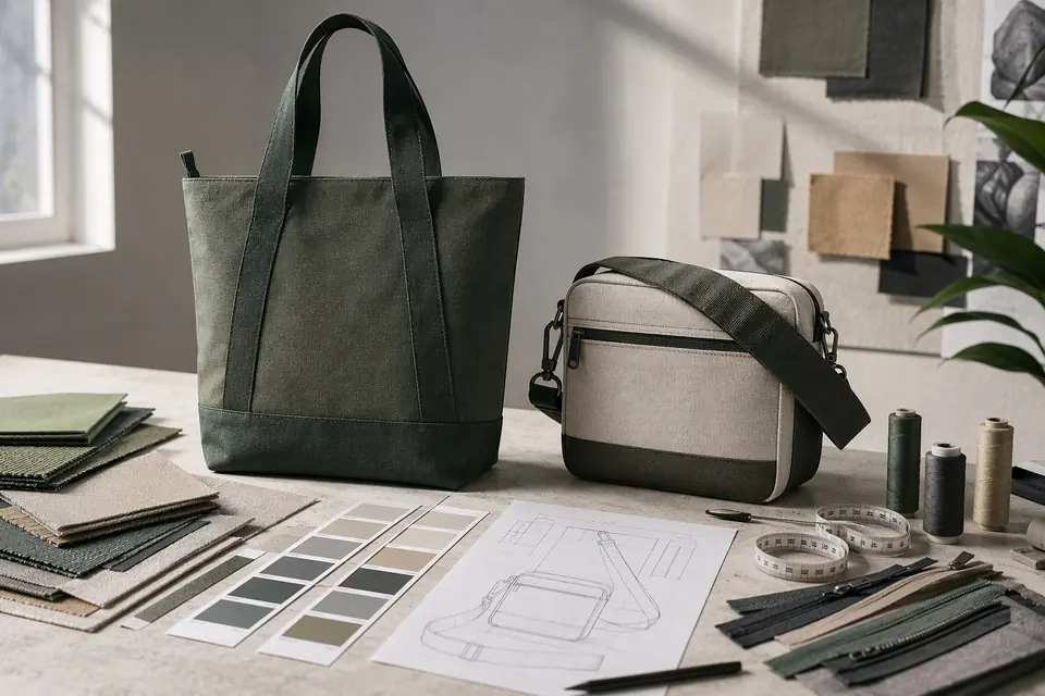 Custom bag prototypes with fabric swatches, trims, and product development tools